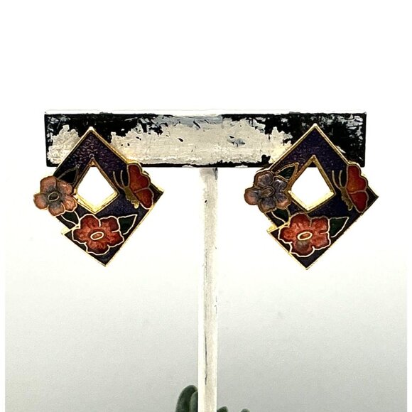Vintage Cloisonné Square Earrings W/ Floral & Dragonfly Design In Gold-Tone Purp - Picture 5 of 5
